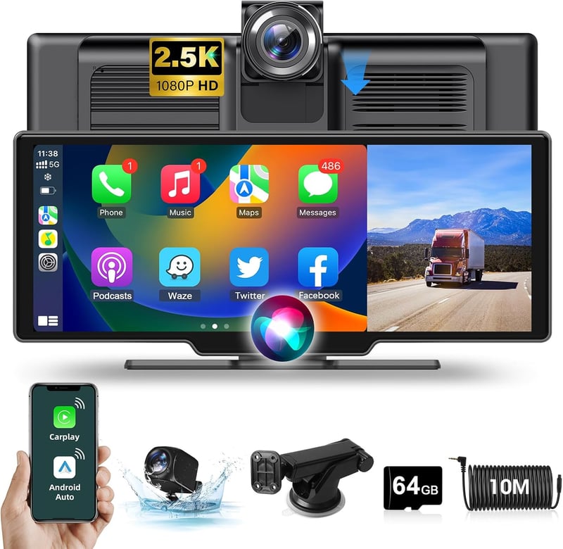 Jansite 10,26" Vezeték Nélküli CarPlay Android Autós Kijelző 2.5K Fedélzeti Kamerával, Tolatókamerával, Bluetooth, Mirror Link, 64GB TF Kárt