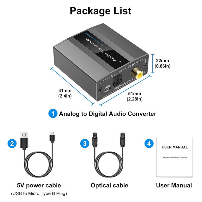 VEDINDUST Analóg-Digitális Audio Konverter RCA/3.5mm AUX - Koaxiális/Optikai Átalakító PS4, PS5, Xbox, DVD, TV Készülékekhez, USB Tápellátás