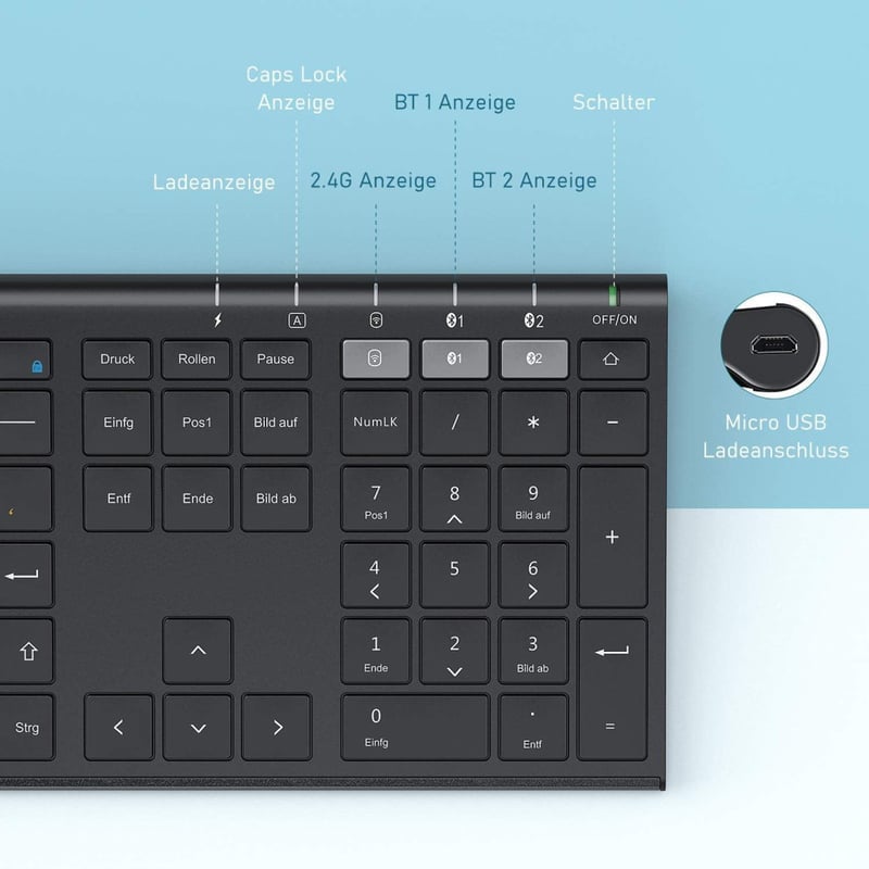 seenda Bluetooth Billentyűzet és Egér Szett - Vezeték Nélküli, Kettős Bluetooth & 2.4G USB, Német Kiosztású, Újratölthető, Mac/Windows/Andro