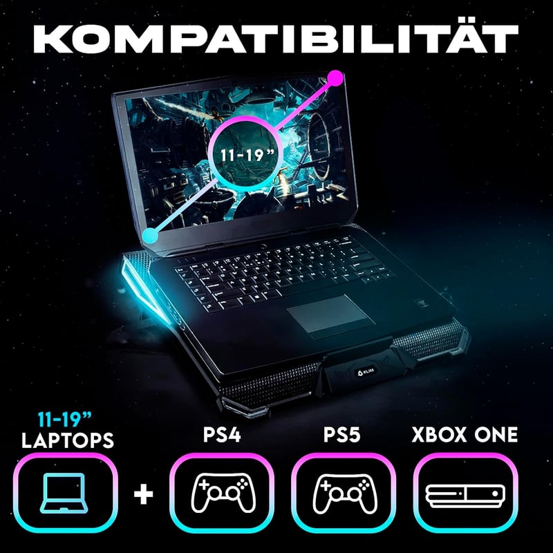 KLIM Cyclone Laptop Hűtő és Állvány - 5 Ventilátoros Hűtőpad Túlmelegedés Ellen - Kompatibilis PC, PS4, Xbox One, 11-19" Laptopokkal - Kék