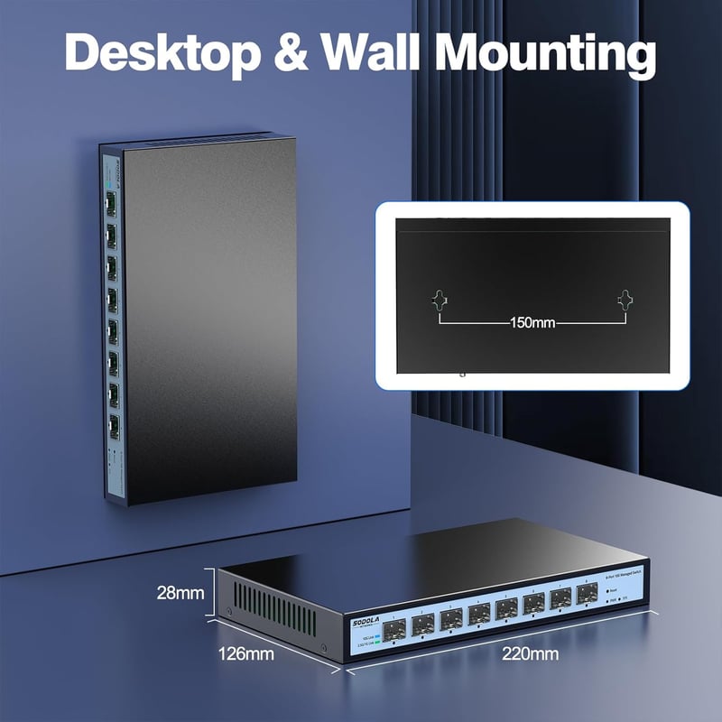SODOLA 10G Menedzselhető Hálózati Switch 8 SFP+ Porttal - Fali, Ventilátor Nélküli, 160G Sávszélesség, VLAN/QoS/LACP Támogatás, NAS/Szerver 