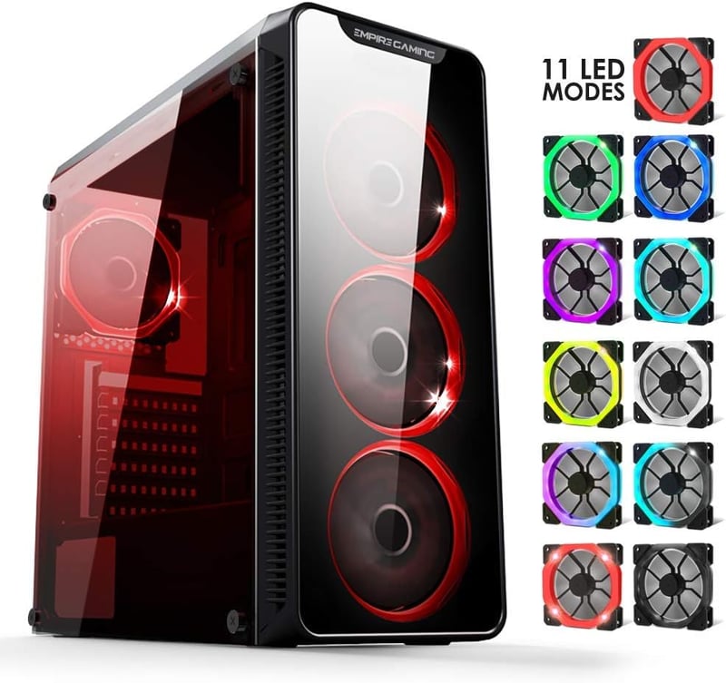 EMPIRE GAMING Warmachine ATX Mid-Tower Gamer Ház - 4 RGB LED Ventilátor, 11 Világítási Mód, Edzett Üveg, Vízhűtés Kompatibilis, Fekete