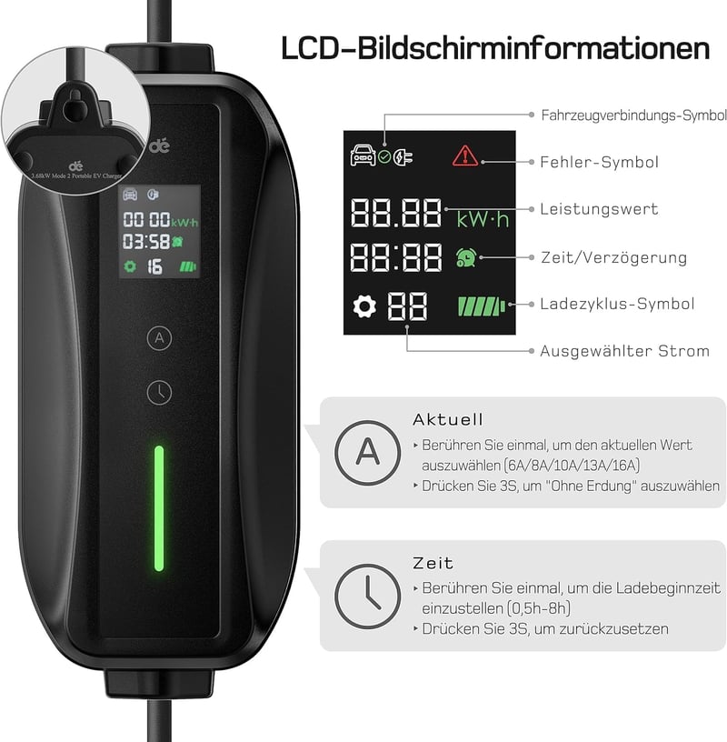 dé Type 2 Elektromos Autó Töltőkábel Schuko 3.68 kW Digitális Kijelzővel - 6m Hordozható EV Töltő Peugeot, Citroën, Mercedes, Audi, BMW, VW 