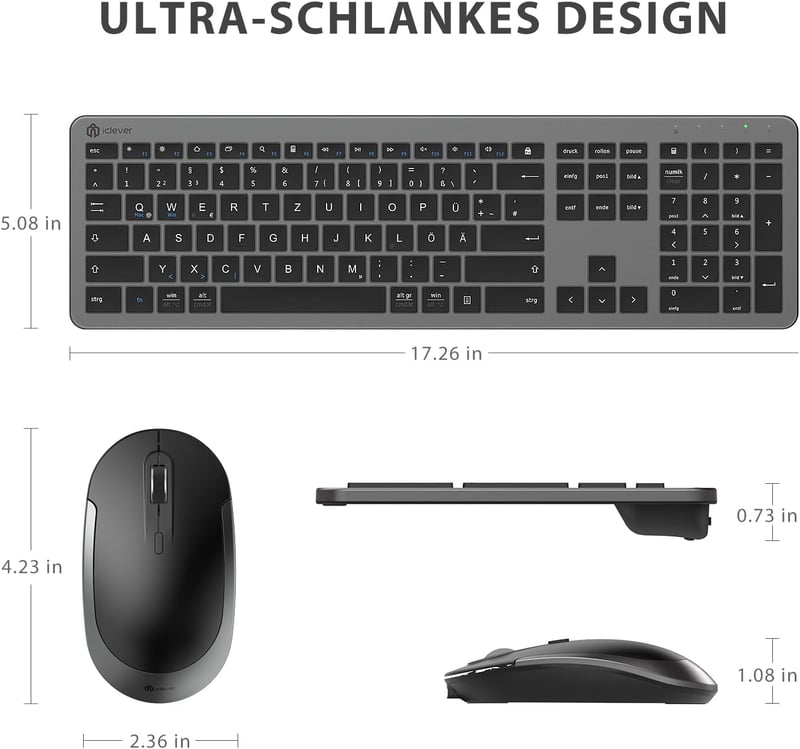 iClever Vezeték Nélküli Billentyűzet és Egér Szett - Újratölthető, Ultravékony, Csendes, QWERTZ Kiosztású PC/Laptop Billentyűzet, Szürke - grey