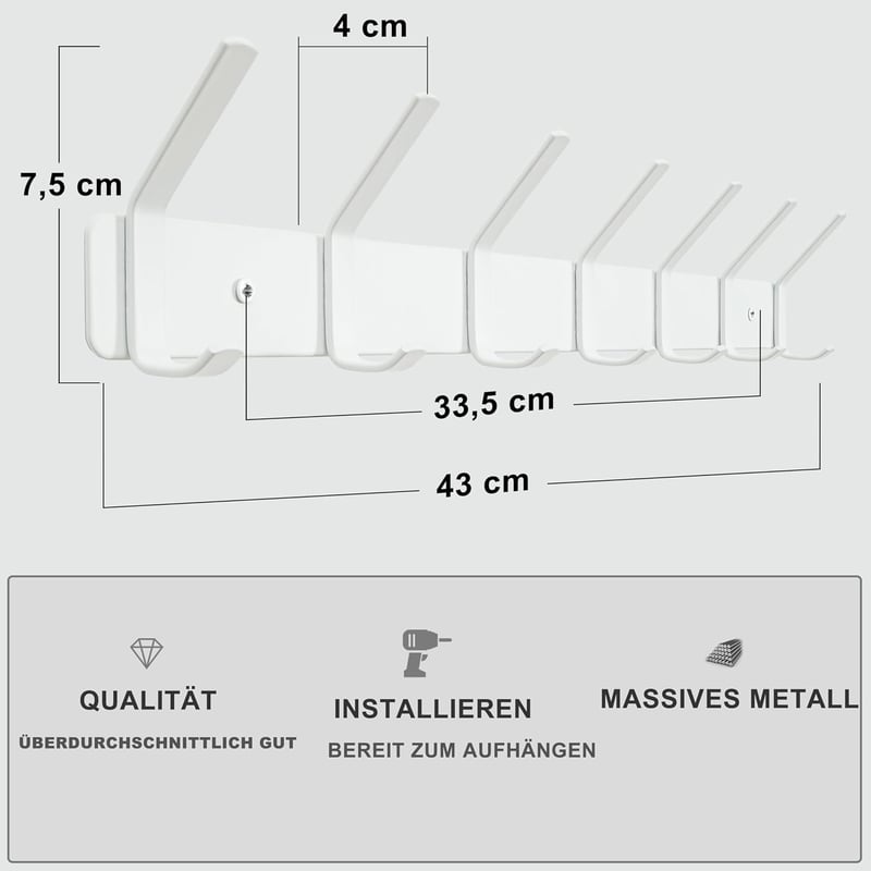 Honsky Fali Fogas 7 Dupla Akasztóval - Fehér Fém Ruhafogas Kabátoknak, Sálaknak, Kalapoknak - Modern Lakberendezési Kiegészítő Előszobába