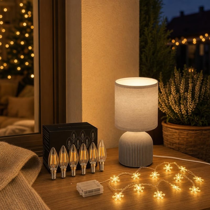 Magické svetlo domova: 6× stmievateľná žiarovka + 6m svetelná reťaz + stolná lampa