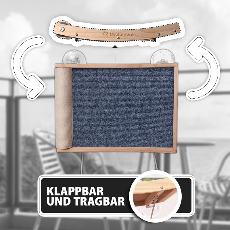 BECKSPON Összecsukható Macska Függőágy Beépített Kaparófával - Ablakra Rögzíthető Pihenőhely, 20 kg Teherbírás, Szürke, Fenyőfa Szerkezet