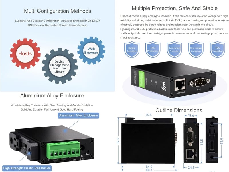 Waveshare RS232/RS485/RS422-RJ45 Ethernet Átalakító Modul, Ipari Sínre Szerelhető Szigetelt Soros Szerver, TCP/IP Konverter, 10/100M Auto-Ne