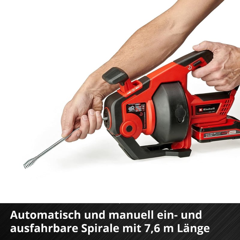 Einhell TE-DA 18/760 Li-Solo Akkus csőtisztító - 18V, 7,6m spirállal, 16-55mm átmérőhöz, Power X-Change rendszer (akku és töltő nélkül)
