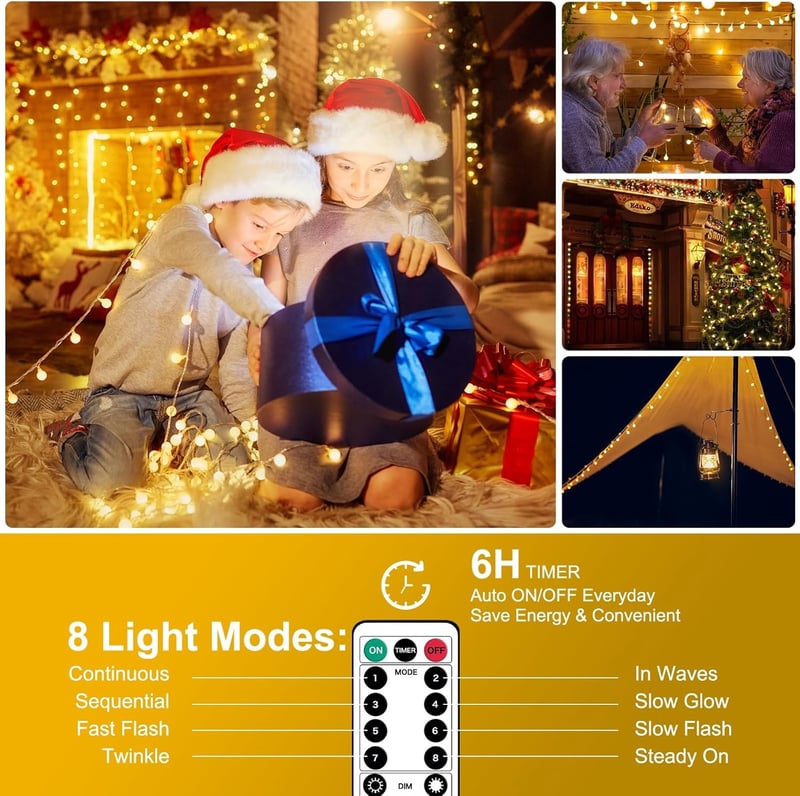 Bigzom LED Gömbfüzér 100 LED Meleg Fehér Fénnyel - 11m USB Fényfüzér Távirányítóval, 8 Világítási Móddal, Időzítővel - Kültéri/Beltéri Dekor