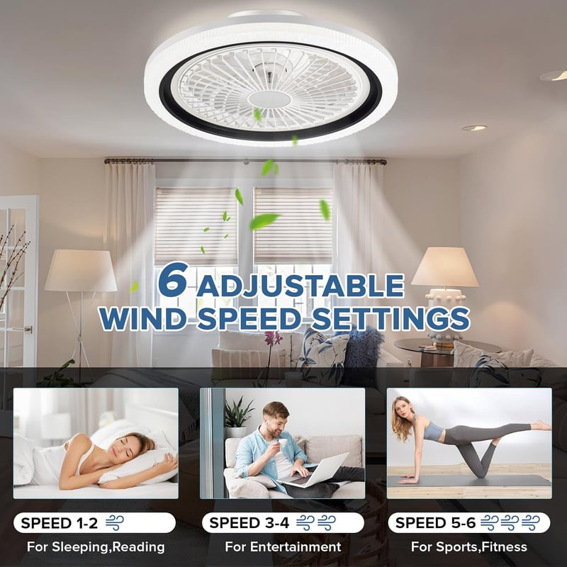 NACATIN Fekete Mennyezeti Ventilátor LED Világítással - Távirányítós Akril Lámpa Fokozatmentes Fényerő és Sebesség Szabályozással Hálószobáb