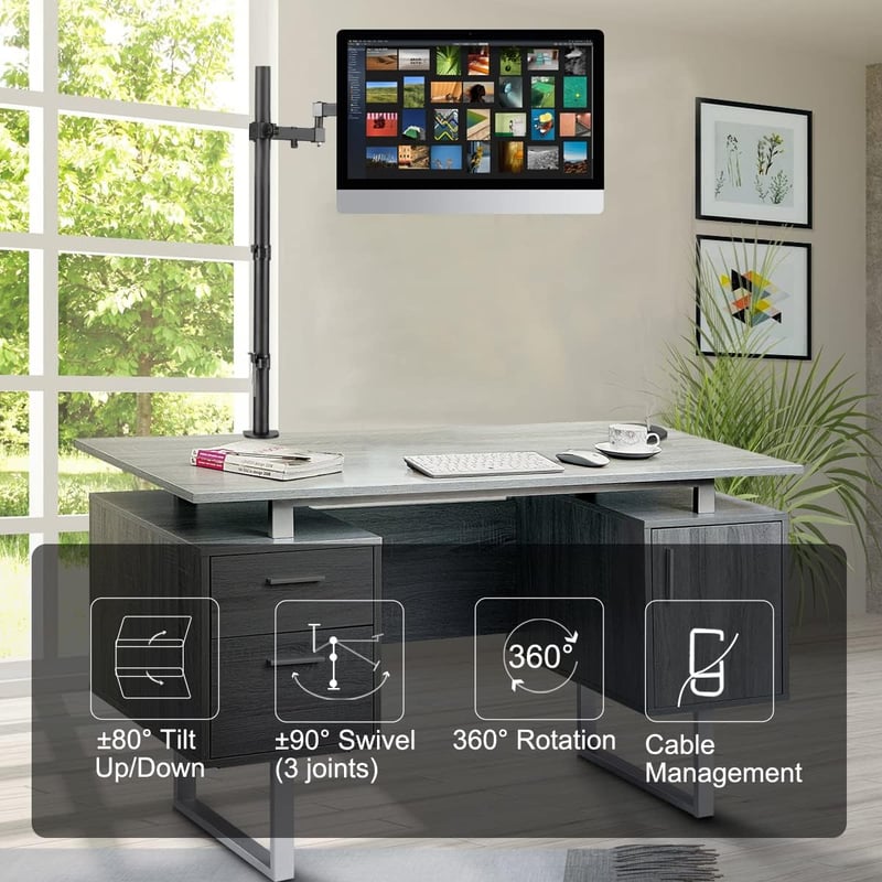 Bracwiser Állítható Monitorkar - 800mm Magas Asztali Monitortartó 13-32" Képernyőkhöz - VESA 75/100 Kompatibilis - Fekete Acél Konzol