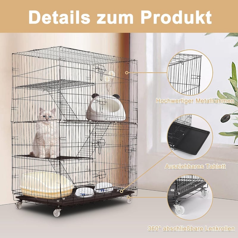 ybaymy Összecsukható Macskaketrec 4 Szintes - 90x55x125 cm Fém Ketrec 1-3 Macskának, 360° Forgatható Kerekekkel, Rámpával, Bel- és Kültéri