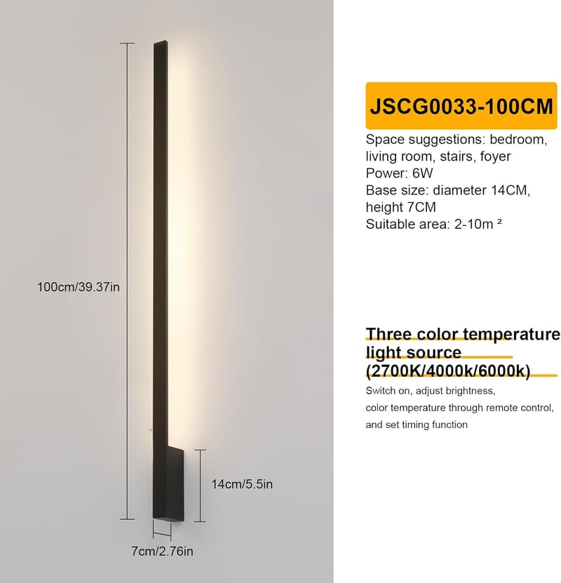 Klighten Akkumulátoros Fali Lámpa 2db - 10000 mAh Tölthető, Távirányítós, Fényerőszabályozós, 100 cm, 6W, 3000K-6000K, Fekete, Nappali Világ