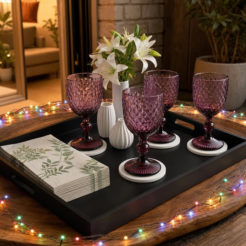 Set za useljenje: drveni pladanj + 4 čaše za vino + 3 podmetača + LED lampice + 25 salveta