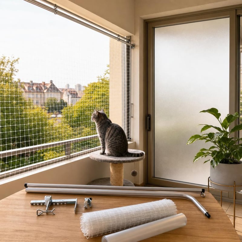Sada na zabezpečenie balkóna: teleskopická tyč + 10×3 m sieť + matná fólia