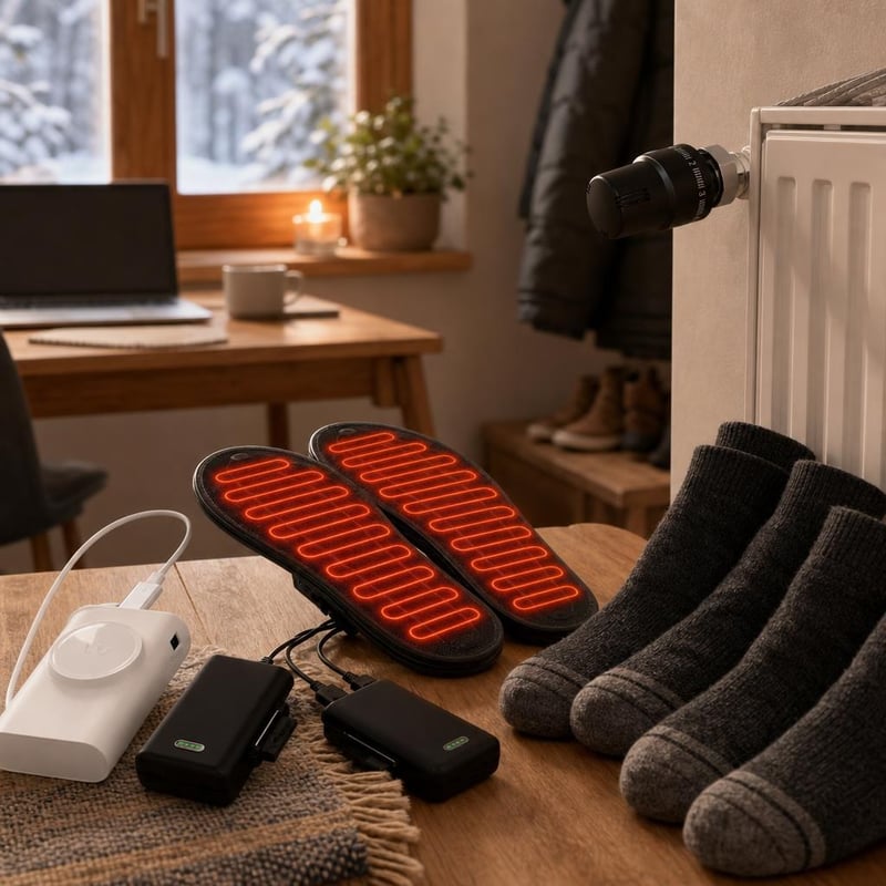 Zimska oaza topline: termostatska glava + grijani ulošci + powerbank + 3 para merino čarapa