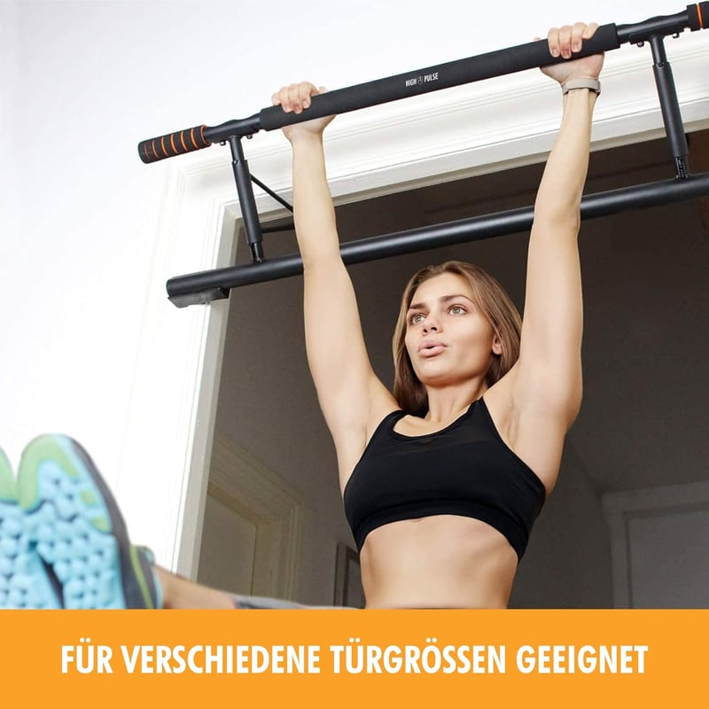 High Pulse Ajtófélfára Akasztható Húzódzkodó Rúd - Többfunkciós Edzőeszköz Karabinerekkel, Fúrás Nélkül, Edzésposzterrel, Fekete-Narancs
