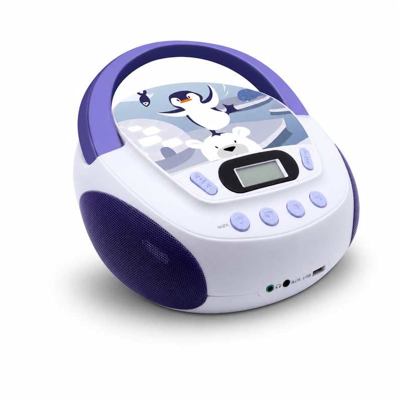MOOOV Iceberg 477179 dječji CD MP3 player USB — neispravan, djelomično radi: poklopac CD-a pričvršćen je jednim zglobom (stanje: vidi 2. sliku)