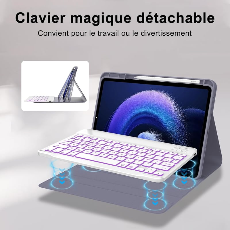 FARYODI Bluetooth Billentyűzetes Tok Xiaomi Pad 6/6 Pro 11" Tablethez - 7 Színű Háttérvilágítás, Francia AZERTY Kiosztás, Lila