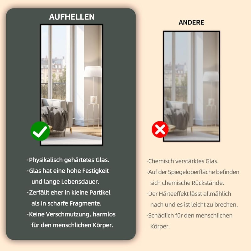 AUFHELLEN Álló Tükör 180x80 cm - Teljes Alakos Fali Tükör Fekete Fém Kerettel, HD Minőségű Üveg, Akasztókkal - Nappali, Hálószoba, Öltöző