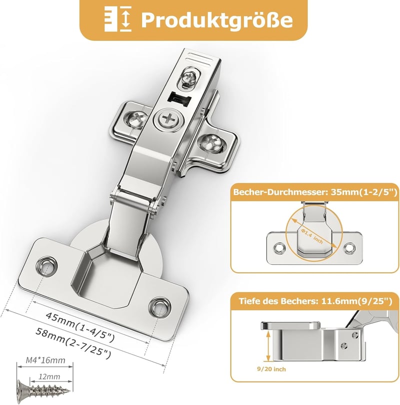 Furniware 2 buc Balamale de colț cu amortizare Soft Close - 110° Hidraulice, Silențioase pentru uși de dulap, cu montare CLIP-ON, Balamale pentru uși mobilier de bucătărie K