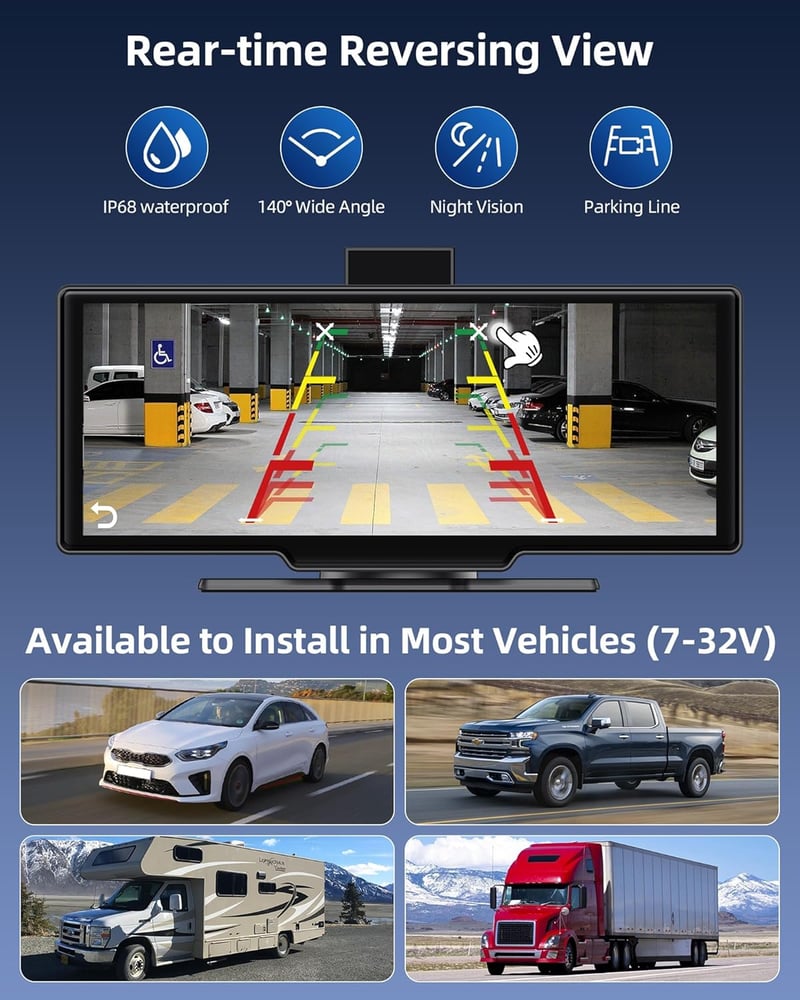 Jansite 10,26" Vezeték Nélküli CarPlay Android Autós Kijelző 2.5K Fedélzeti Kamerával, Tolatókamerával, Bluetooth, Mirror Link, 64GB TF Kárt