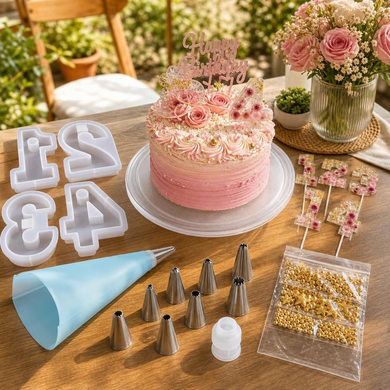 Set za rođendanske torte: silikonski kalupi 1-4 + rotirajući stalak + 8 nastavaka + topper + 24 ukrasa