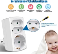 EXTRASTAR 3-as Elosztó Adapter - 2 Euro + 1 Schuko Aljzat, Gyerekzárral, Otthoni és Irodai Használatra, Fehér (2 db) 5