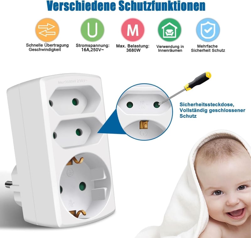 EXTRASTAR 3-as Elosztó Adapter - 2 Euro + 1 Schuko Aljzat, Gyerekzárral, Otthoni és Irodai Használatra, Fehér (2 db)