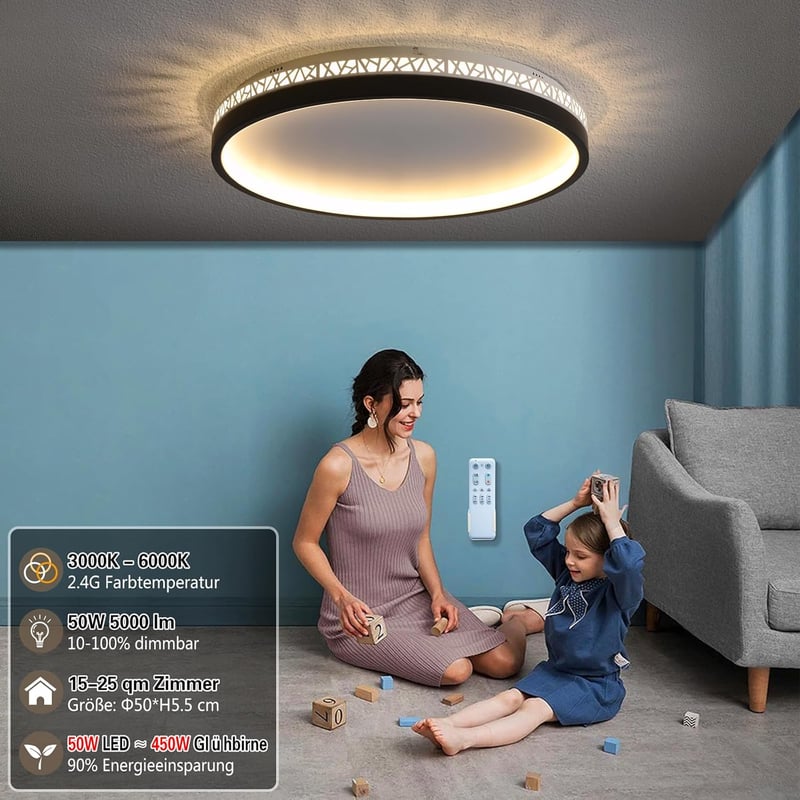 SEATAIN LED Mennyezeti Lámpa 50W - Fekete, Kerek, 50cm, Távirányítós, Fényerőszabályozható, 3000K-6000K, 5000lm, Memória Funkcióval, Éjszaka