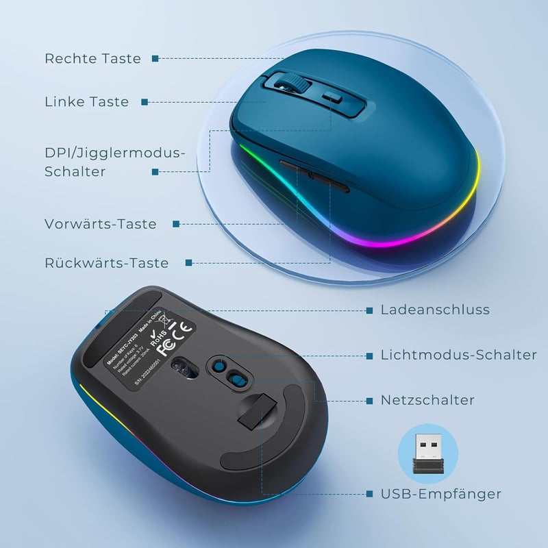 seenda LED Vezeték Nélküli Egér Beépített Mozgásérzékelővel, Újratölthető 2.4G USB Optikai Egér Laptophoz, Csendes Működés, 2000 DPI, Sötétk