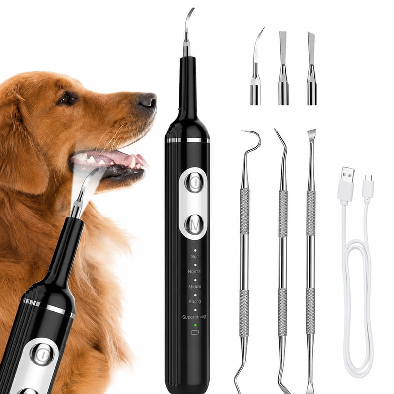 Stim-U-Dent ultrazvučni set za njegu psećih zubi s LED svjetlom, uklanjanje zubnog kamenca i naslaga — nedostaje gumeni nastavak za čišćenje (stanje: vidi 2. sliku)