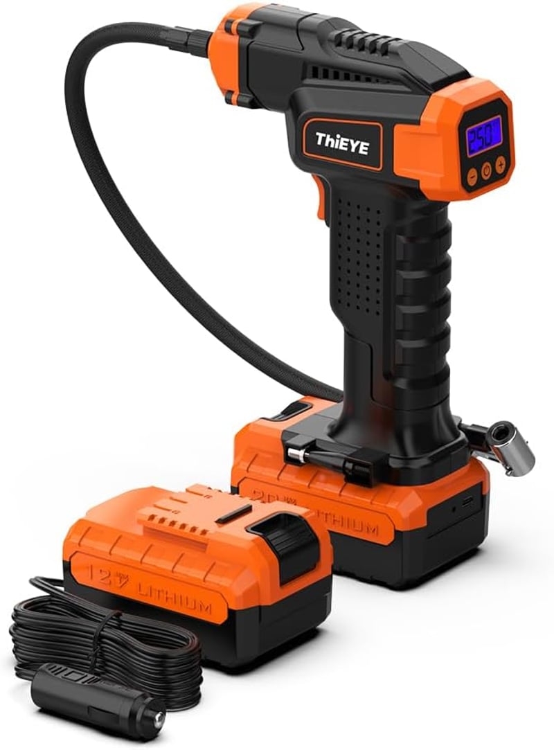 ThiEYE 20V akkus kompresszor, 150PSI, 10000mAh, autógumi fújó, LED-es