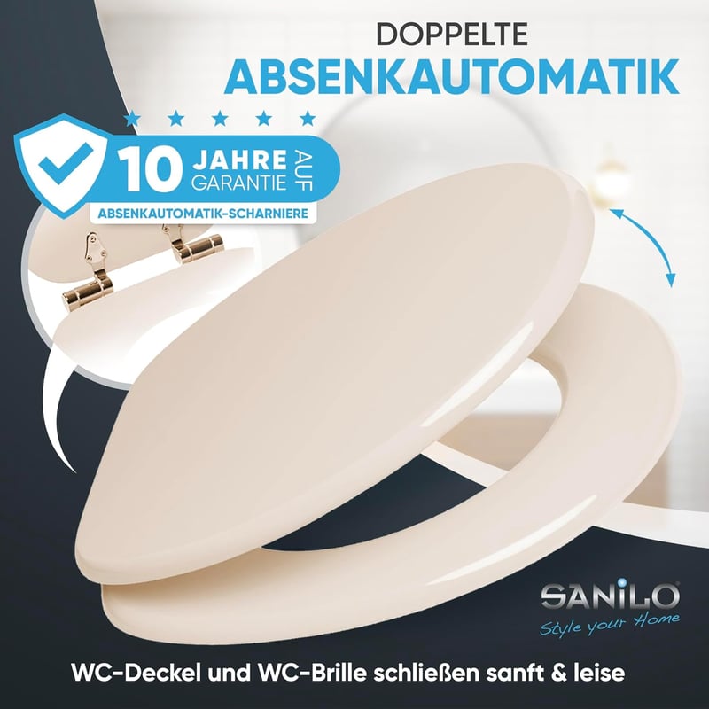 Sanilo Fa WC Ülőke Ovális Bézs Színben, Prémium Minőségű Lassú Záródású Mechanizmussal, Modern Stílusú Toalett Tető