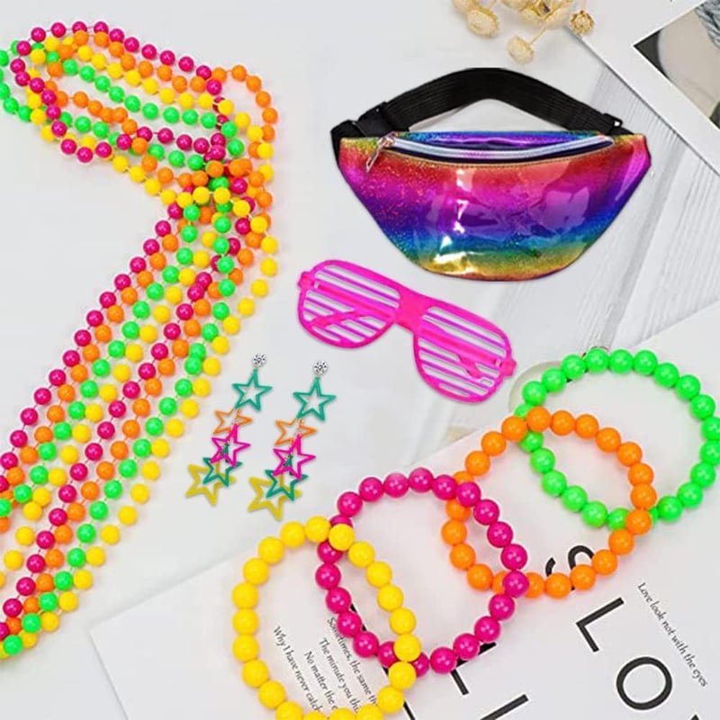 80-as évek retro szett nőknek - Neon nyaklánc, övtáska, fejpánt, 6 részes
