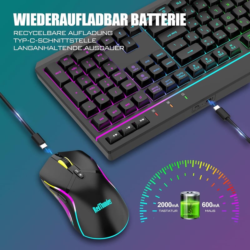 RedThunder K20 Vezeték Nélküli Gaming Billentyűzet és Egér Szett, RGB Háttérvilágítás, QWERTZ, 4800DPI, Újratölthető, PC/Mac Kompatibilis