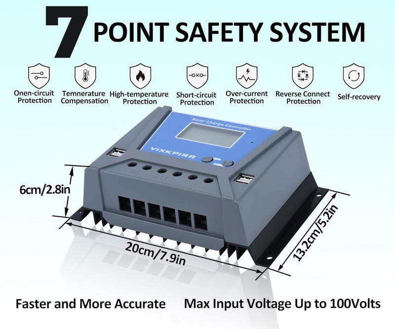 VIXKPIRR 80A Napelem Töltésvezérlő 12V/24V/36V/48V - LCD Kijelzővel, Hőmérséklet Érzékelővel és 4 USB Porttal - Többféle Akkumulátorhoz