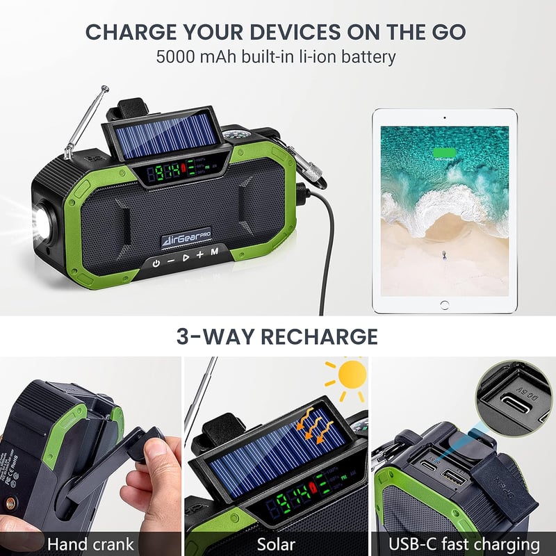 AirGearPro Bluetooth Kurblis Rádió Napelemes Powerbank-kal és LED Lámpával - Vízálló Túrarádió