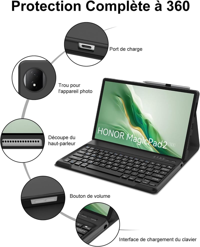 FOGARI Bluetooth Billentyűzet Honor MagicPad 2 WiFi Tablethez - Mágneses Vezeték Nélküli Védőtok 12,3 Hüvelykes Készülékhez, Fekete, AZERTY 