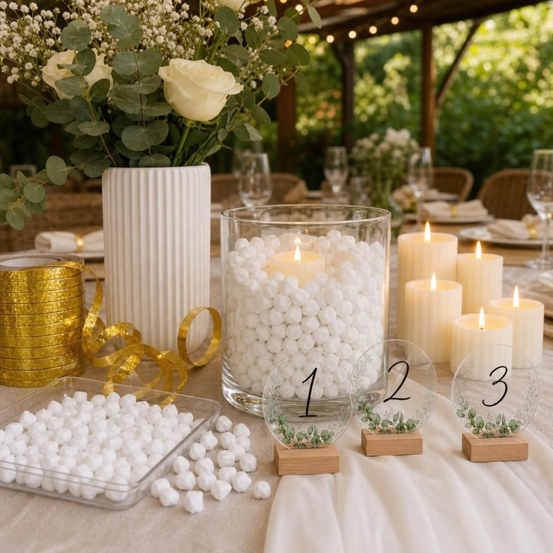Set Decor Nuntă: 500 cuburi gheață + 6 lumânări LED + vază + 24 benzi aurii + 12 numere masă