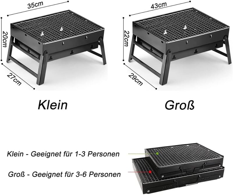 ROIMOE Hordozható Faszenes Grillsütő - Összecsukható Asztali BBQ Grill Kempingezéshez, Piknikezéshez, Fekete, Nagy Méret (43x29x22 cm)