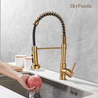 SkyPanda Arany Konyhai Csaptelep Kihúzható Zuhanyfejjel, 360° Forgatható, 3 Üzemmódú Kétfunkciós Fejjel, Szálcsiszolt Réz Kivitel 9