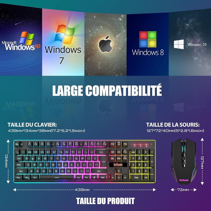 RedThunder K10 AZERTY Francia Vezeték Nélküli Billentyűzet és Egér Szett - Fekete, Lítium-Ion Akkumulátorral, Kompakt Kialakítás