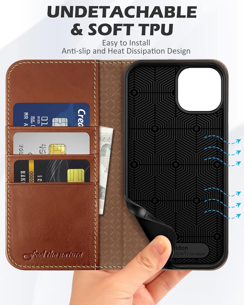 iPhone 14 Valódi Bőr Flip Tok RFID Védelemmel - SHIELDON Retro Barna