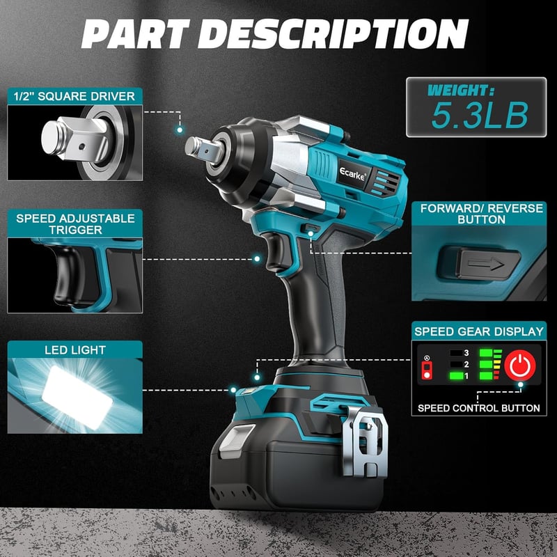 Ecarke 1360 Nm Akkumulátoros Ütvecsavarozó, Makita 18V Kompatibilis, Kefe Nélküli 1/2" Kerékanya Lazító LED Világítással, Állványszereléshez