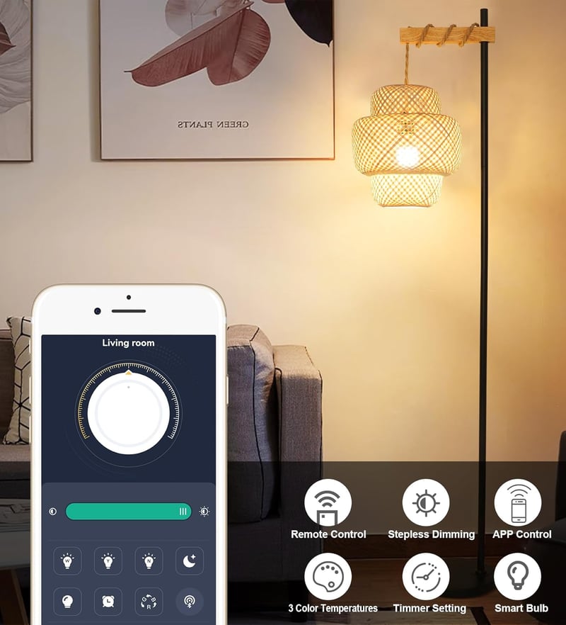 Bambusz Állólámpa Távirányítóval - Dimmelhető Ívelt Fa Lámpa App Vezérléssel, Rattan Burával, Nappali, Hálószoba, Iroda Dekorációho