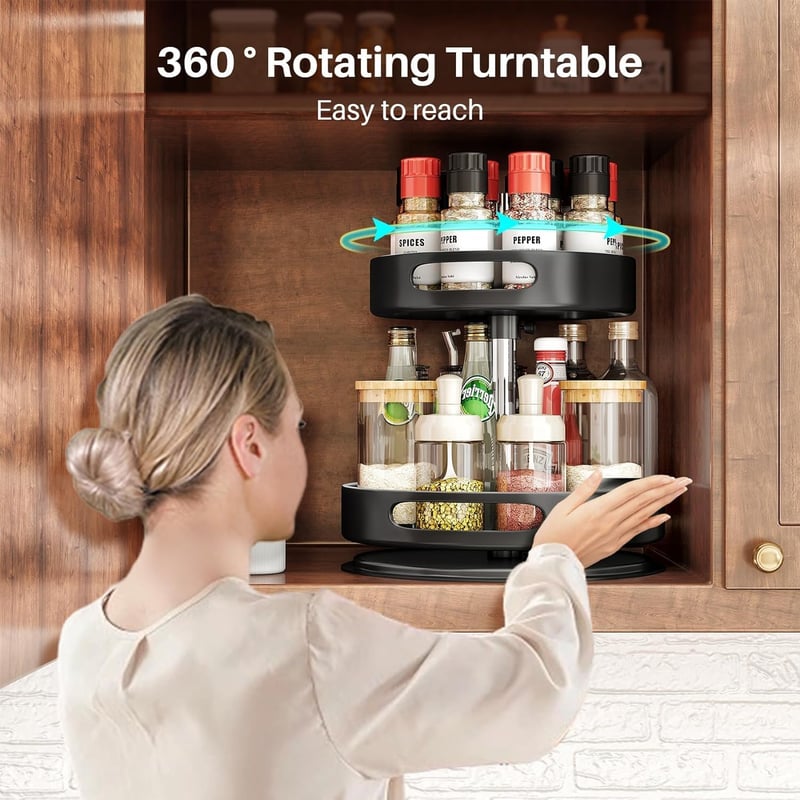 Kitstorack 2-szintes 360° Forgó Fűszertartó Állvány - Fekete Acél Konyhai Szervező, Hűtőbe és Szekrénybe, Állítható Magasságú Lazy Susan Tál