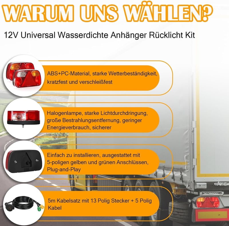 Set universal lămpi spate pentru remorcă Warmfay 12V, cu conector cu 13 pini, cablu de 5m, certificat E11 - Iluminare impermeabilă pentru remorci