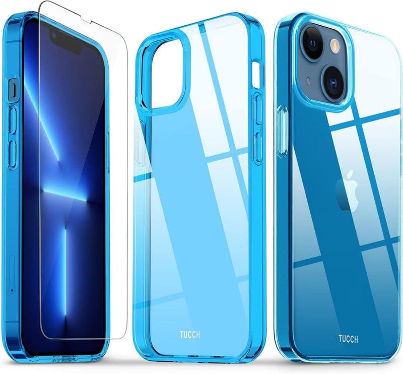 Apple iPhone 13 Mini Kék Áttetsző Szilikon Tok Beépített Képernyővédővel